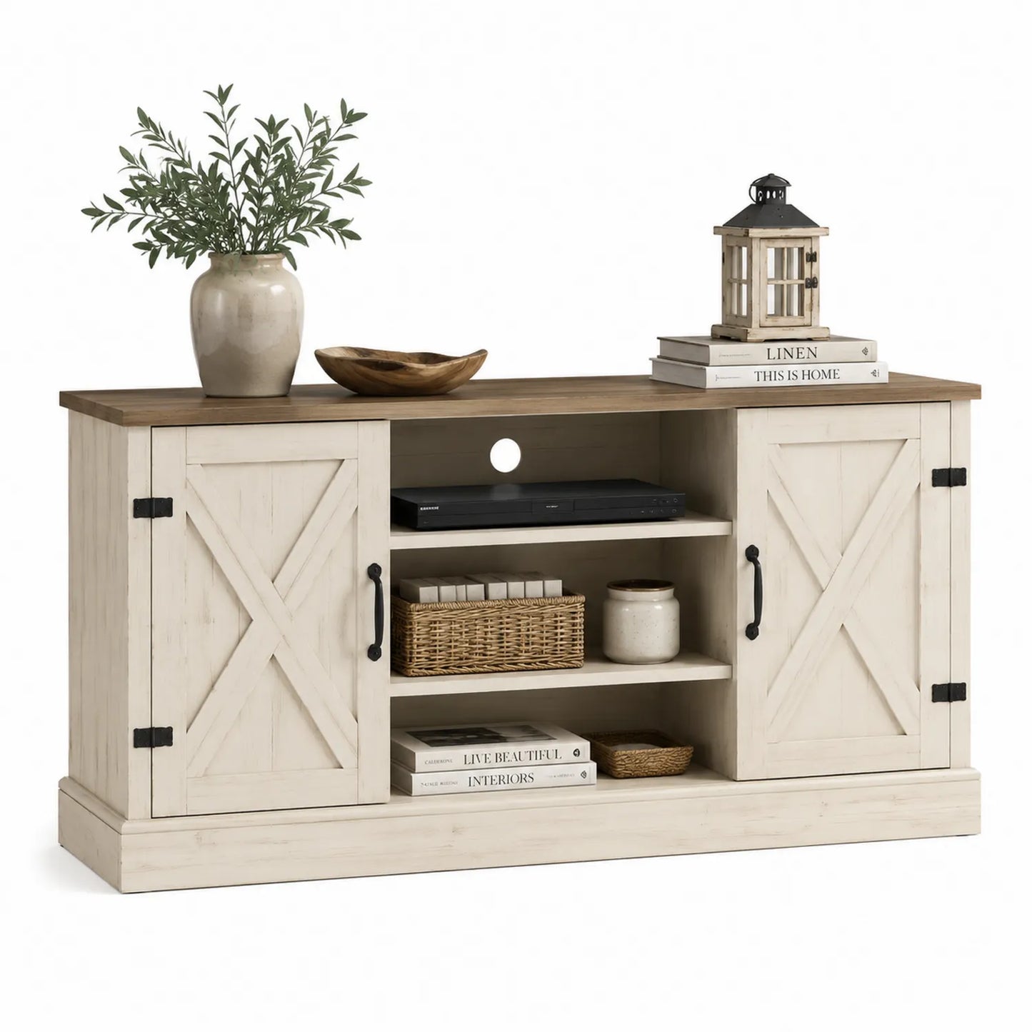 Meuble TV en bois avec portes croisées blanc et marron