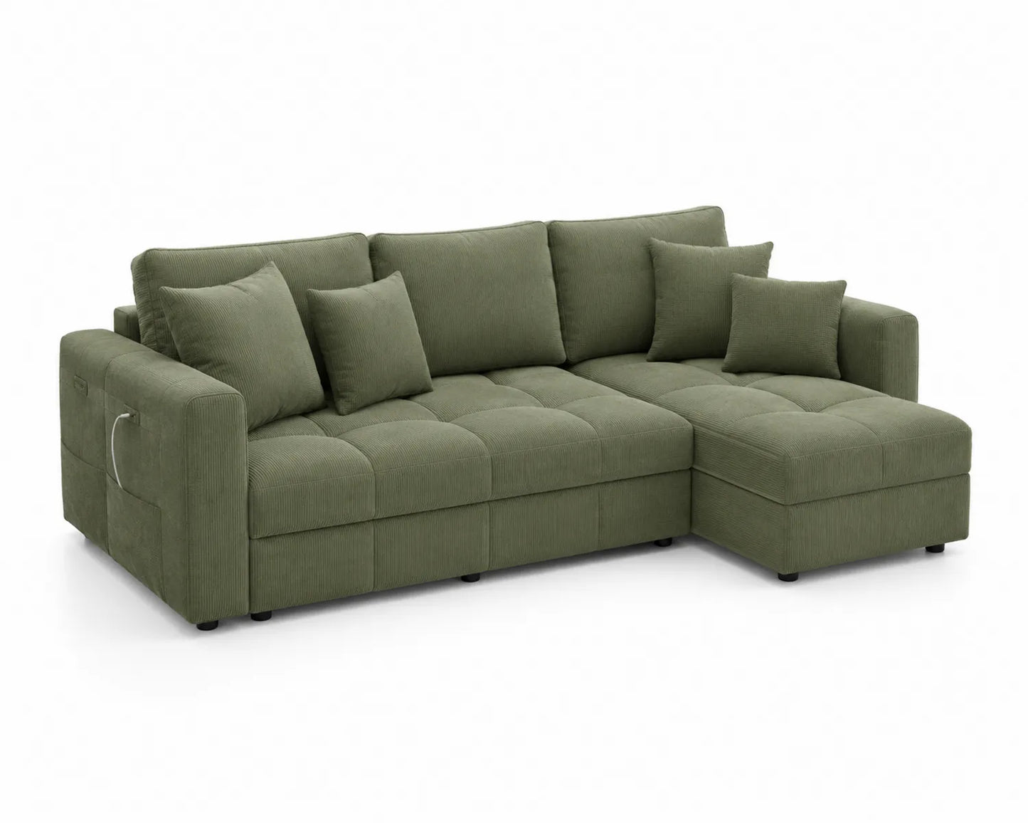 Canapé d'angle en tissu chenille vert avec rangement intégré