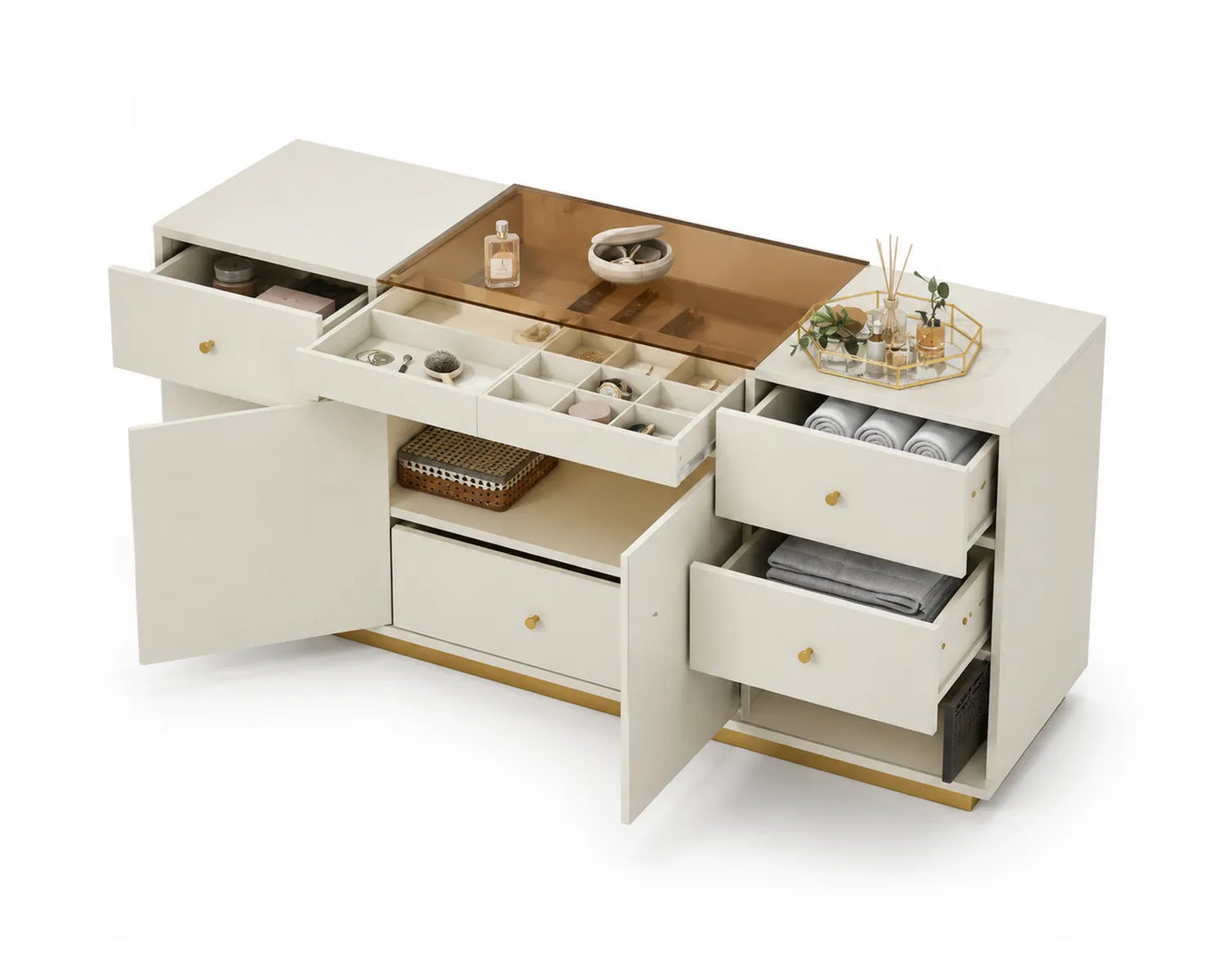 Commode en bois MDF beige avec tiroirs et étagères 150x45x75 cm