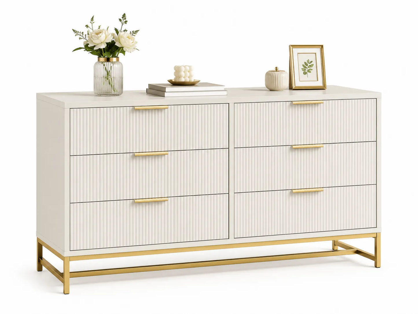 Commode en bois avec 6 tiroirs et poignées en métal doré