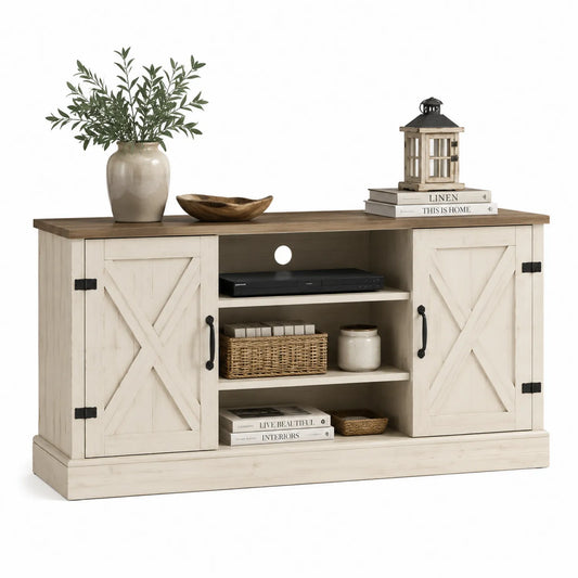 Meuble TV en bois avec portes croisées blanc et marron