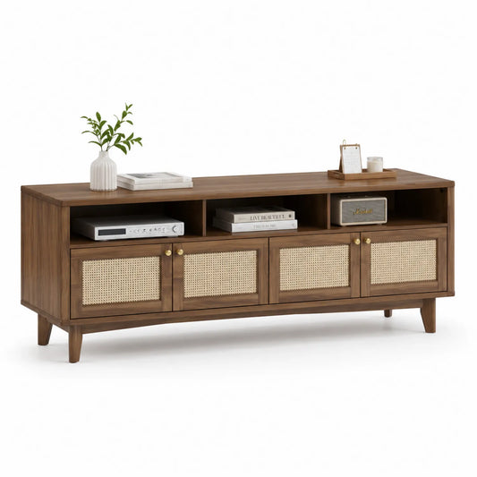 Meuble TV en bois avec portes en cannage