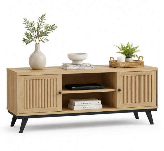Meuble TV en bois avec portes rainurées et pieds en métal 150x40x55 cm