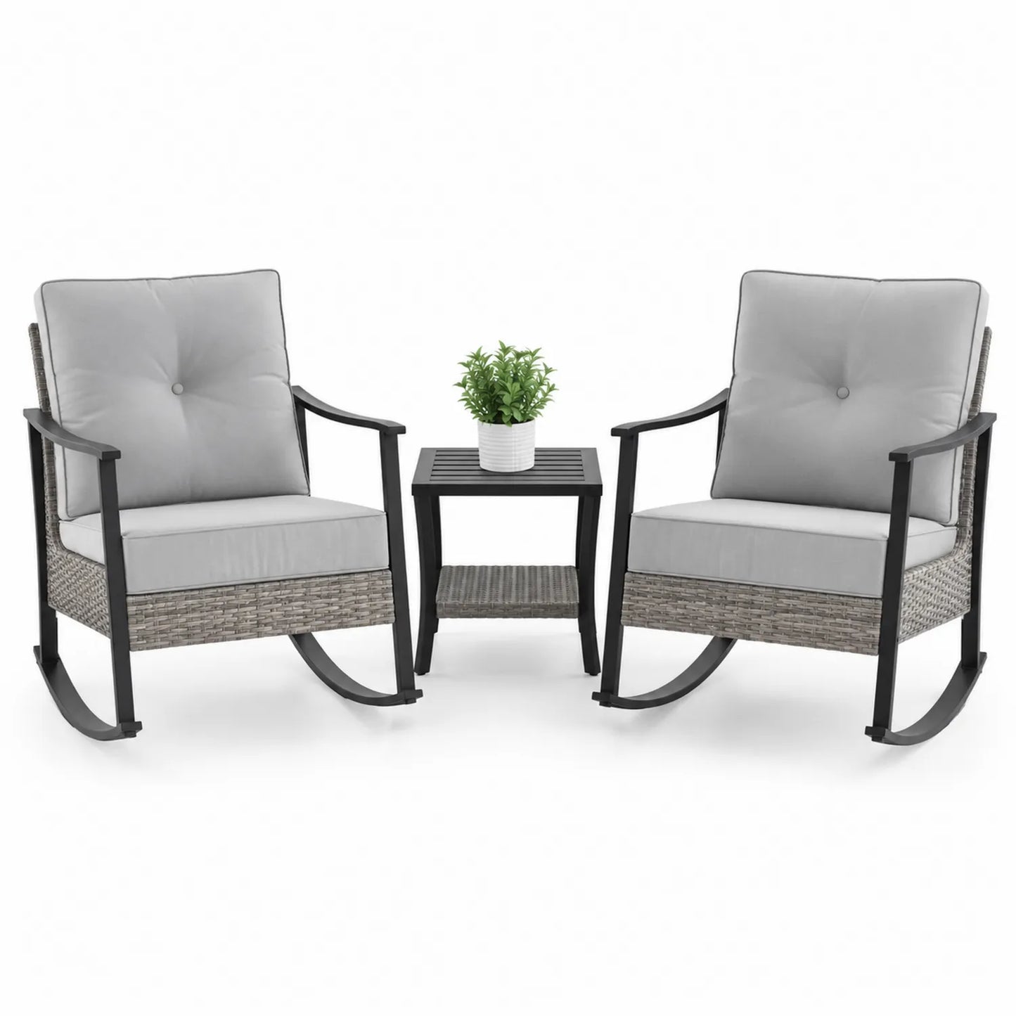 Set de 2 fauteuils à bascule en aluminium avec table en résine tressée