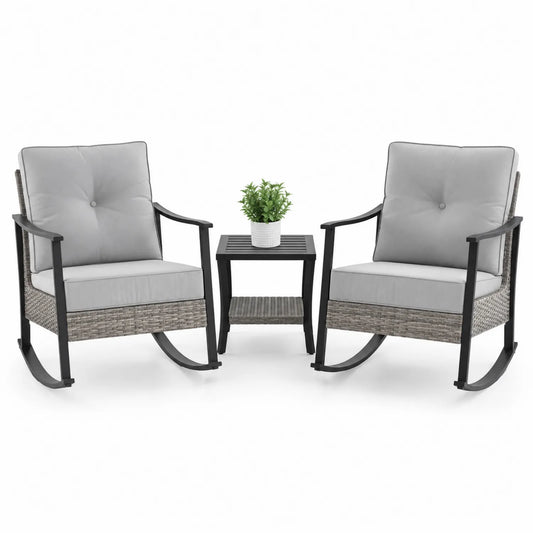 Set de 2 fauteuils à bascule en aluminium avec table en résine tressée