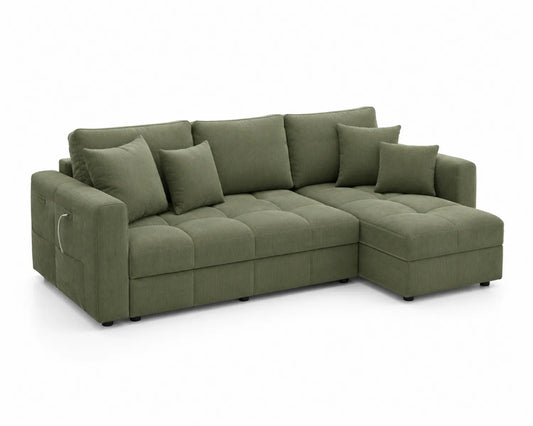 Canapé d'angle en tissu chenille vert avec rangement intégré