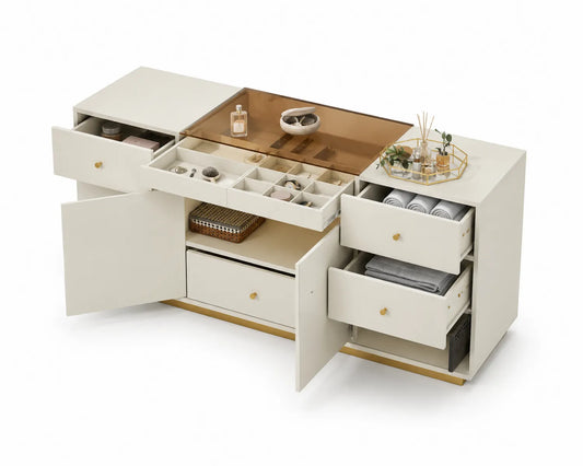 Commode en bois MDF beige avec tiroirs et étagères 150x45x75 cm