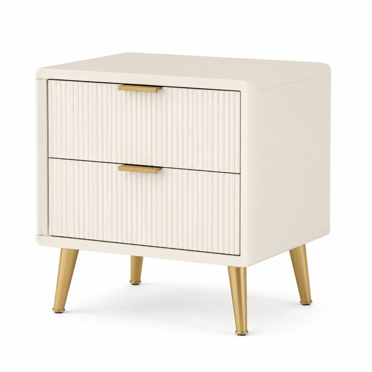 Table de chevet en bois MDF crème avec pieds en métal doré et 2 tiroirs