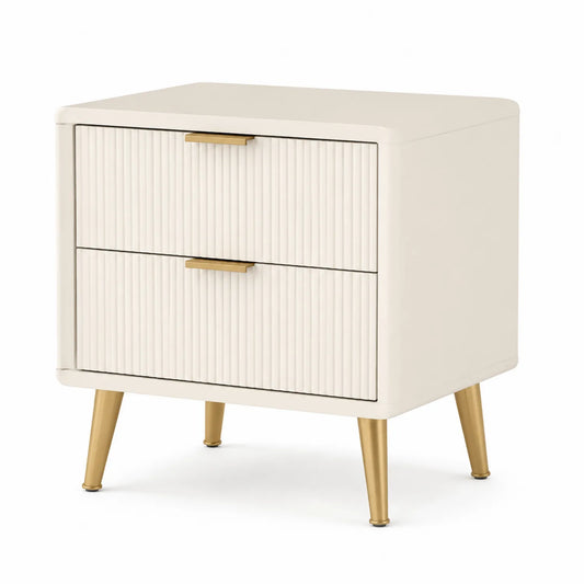 Table de chevet en bois MDF crème avec pieds en métal doré et 2 tiroirs