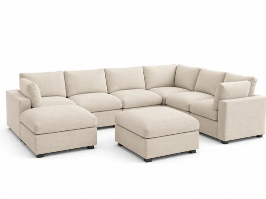 Canapé d'angle 6 places en tissu beige avec pouf