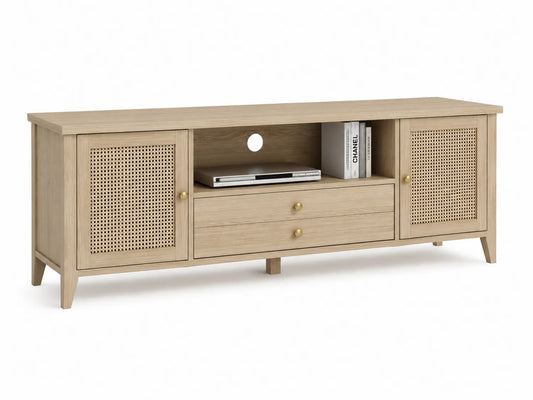 Meuble TV en bois de chêne et rotin 140 cm