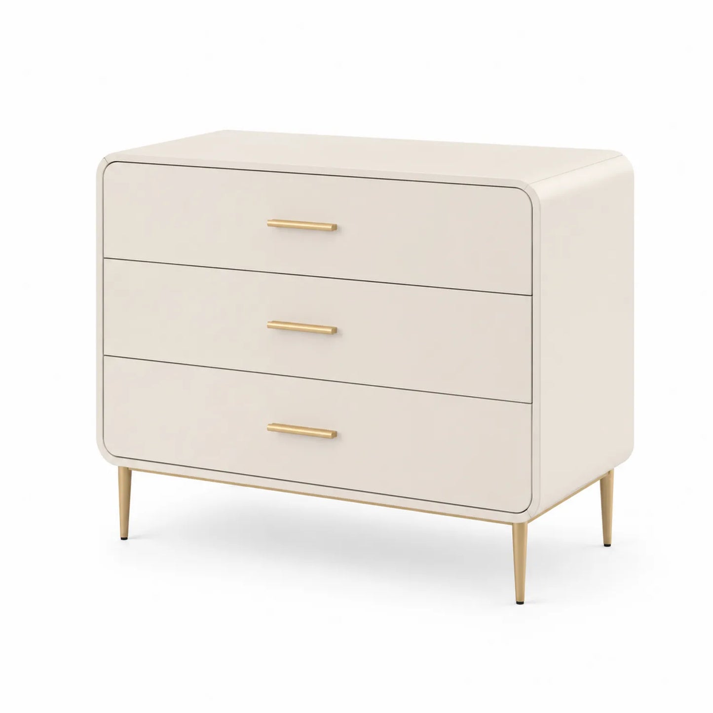 Commode 3 tiroirs Bois Blanc Beige avec Poignées en Métal Doré