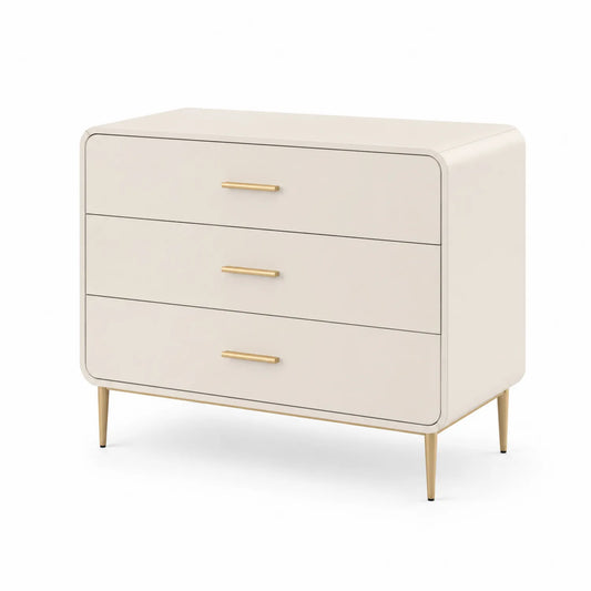 Commode 3 tiroirs Bois Blanc Beige avec Poignées en Métal Doré