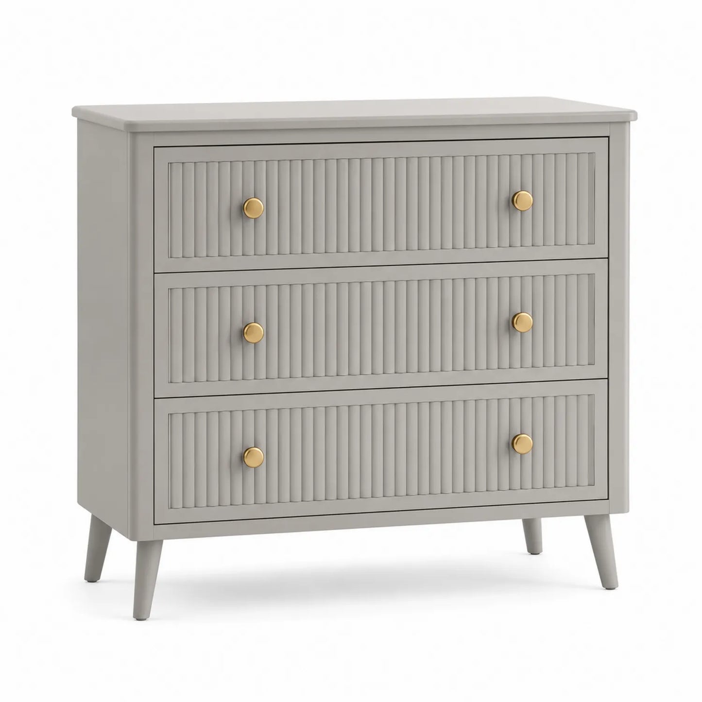 Commode en bois avec 3 tiroirs gris et poignées métalliques dorées