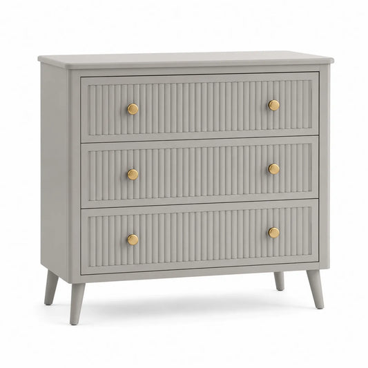 Commode en bois avec 3 tiroirs gris et poignées métalliques dorées