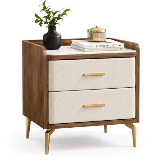 Table de chevet bois deux tiroirs tissu beige pieds métal doré