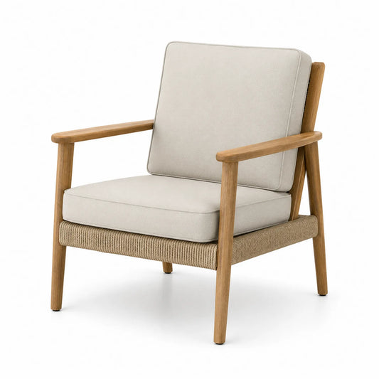 Fauteuil en bois et corde avec coussins en polyester beige