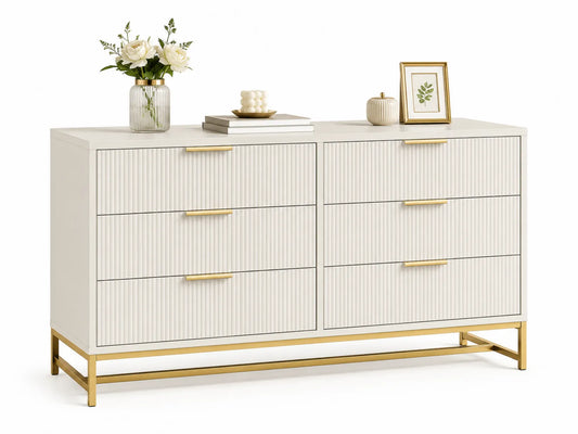 Commode en bois avec 6 tiroirs et poignées en métal doré